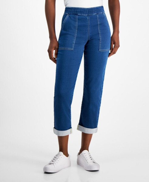 Women's Mid-Rise Pull-On Dobby Straight-Leg Jeans, Created for Macy's