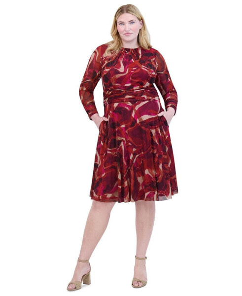 Plus Size Printed Ruched-Waist Midi Dress