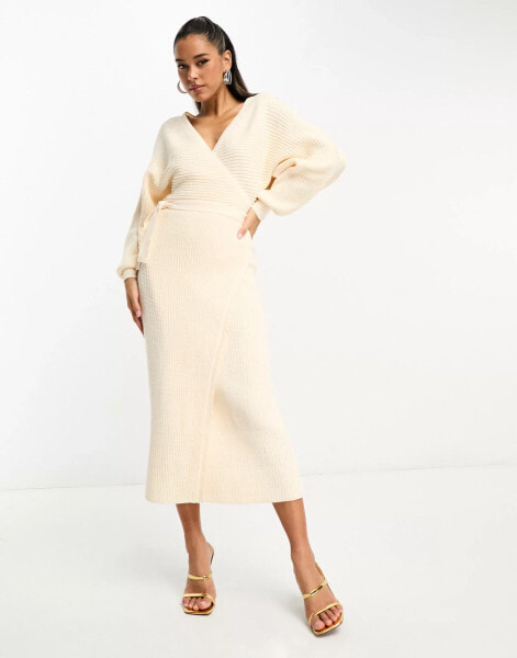 Pretty Lavish oversized wrap knit midi dress in cream