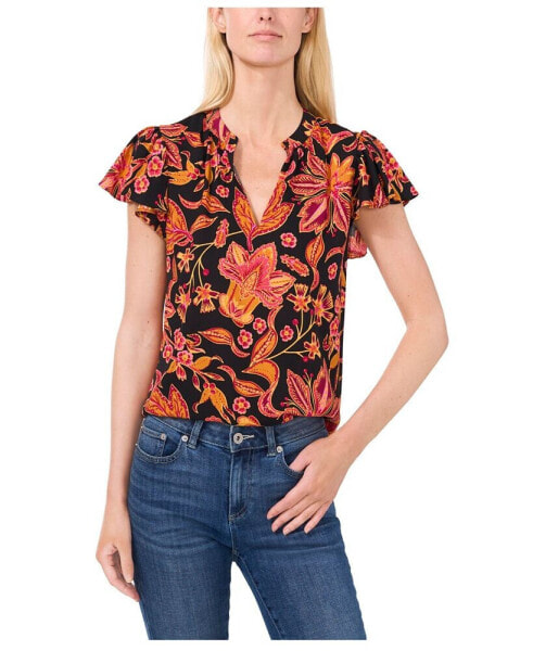 Women's Flutter Sleeve V-Neck Blouse