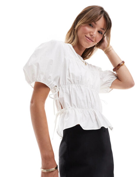 ASOS DESIGN tie side ruched top with puff sleeves in white