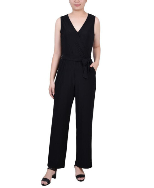 Petite Short Sleeveless Belted Jumpsuit