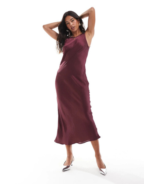 Stradvarius satin midi dress in burgundy