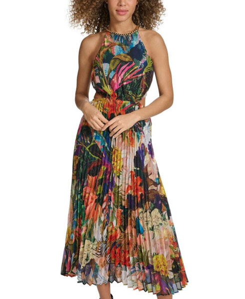 Women's Printed Pleated Cutout Maxi Dress