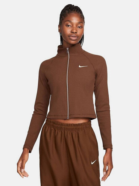 Nike trend ribbed zip up top in cacao brown