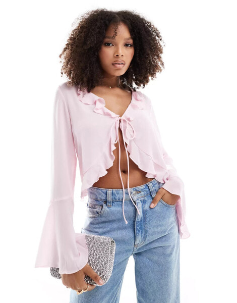 YAS frill detail tie front blouse in powder pink - LPINK