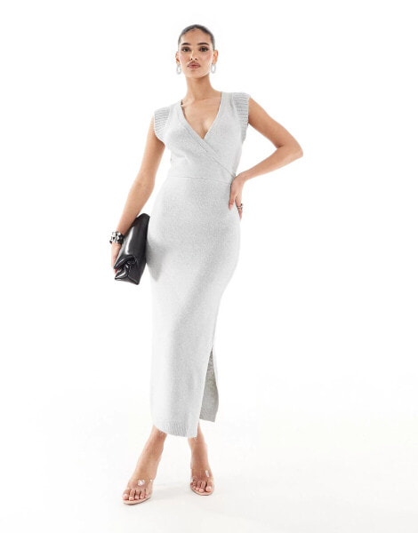 River Island wrap midi side dress in grey marl