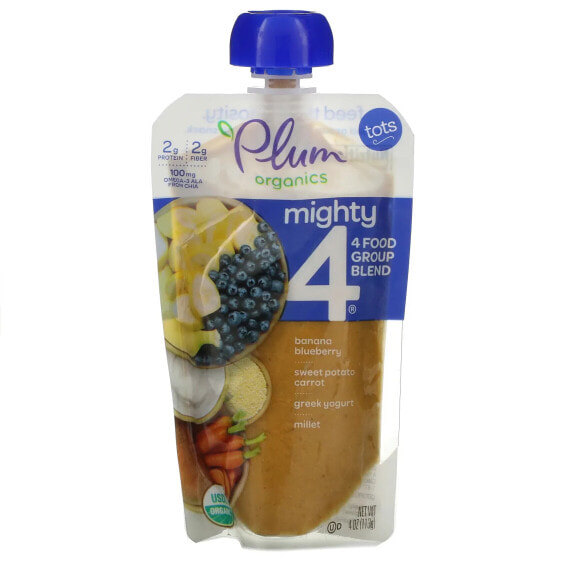 Mighty Tots, 4 Food Group Blend, Tots, Banana, Blueberry, Sweet Potato, Carrot, Greek Yogurt, Millet, 4 oz (113 g)