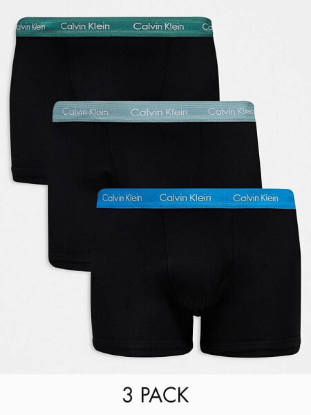 Calvin Klein Plus cotton stretch trunks 3 pack in black with coloured waistband