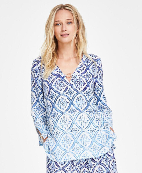 Women's Linen Blend Ombré Printed Hardware-Trim Top, Created for Macy's