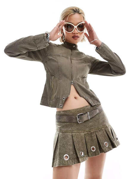 COLLUSION festival pleated mini skirt with eyelets in oil wash co-ord