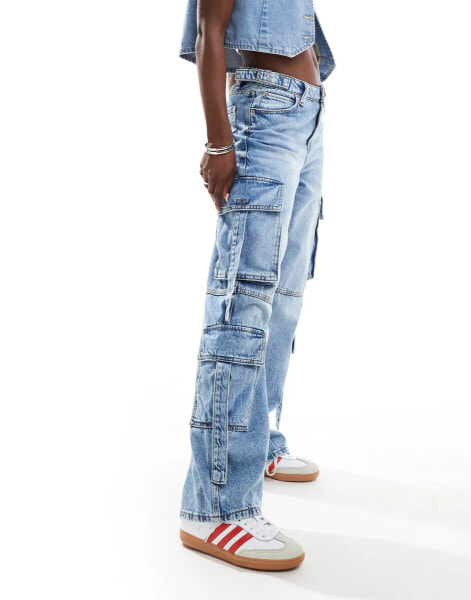 Bershka cargo jeans in light wash blue