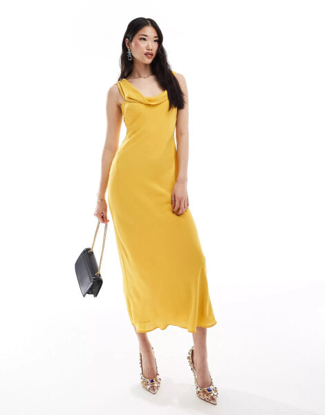 Bardot asymmetric satin maxi slip dress in marigold