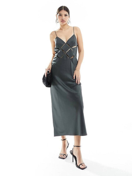 ASOS DESIGN satin cut out cami midi dress in charcoal grey