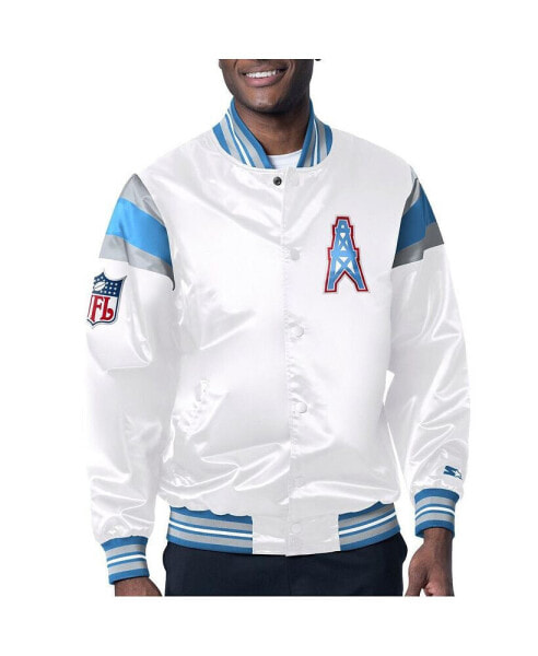 Men's White, Light Blue Distressed Houston Oilers Vintage-Like Satin Full-Snap Varsity Jacket