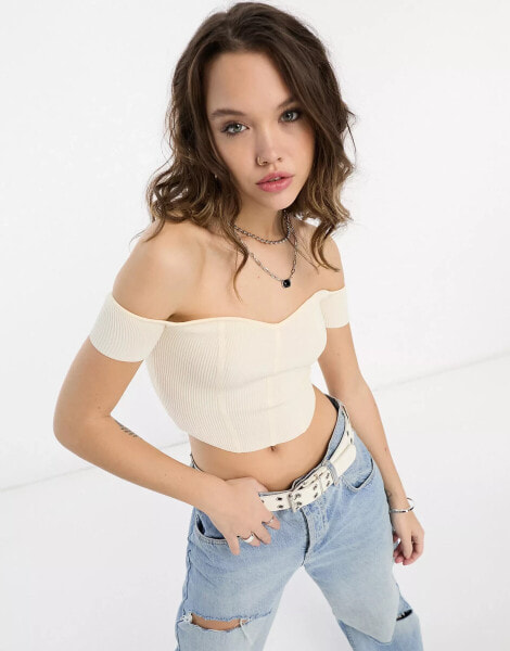 Bershka sweetheart neckline bardot ribbed knit top in cream