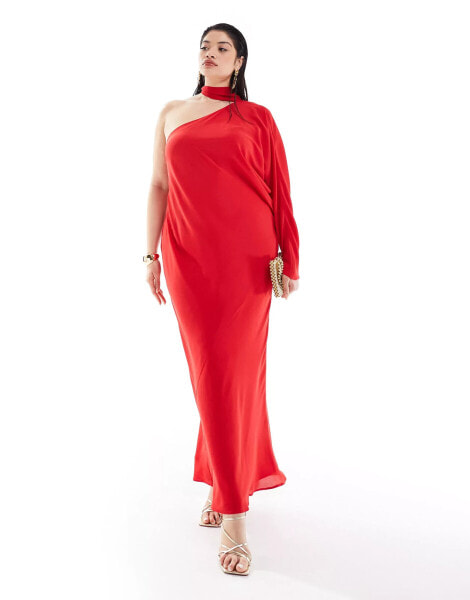 ASOS DESIGN Curve exclusive one sleeve tie neck maxi dress with batwing detail in red