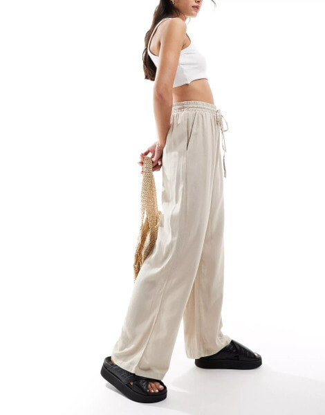 Vila linen touch tie waist wide leg trouser in stone