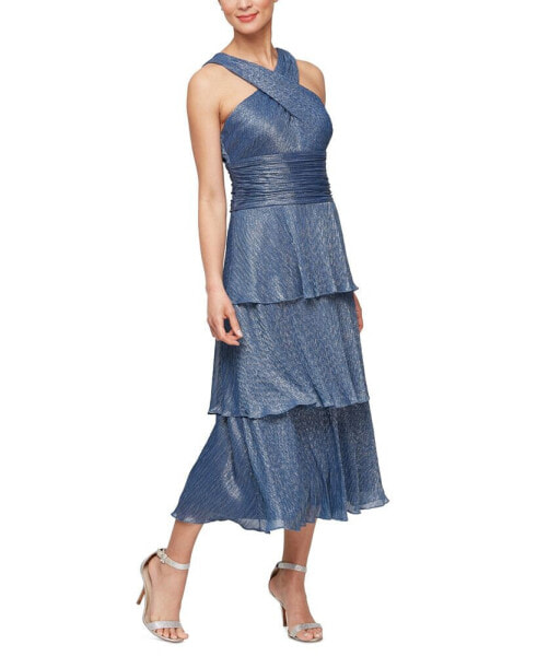 Women's Asymmetric-Neck Shimmer Midi Dress