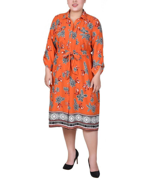 Plus Size 3/4 Roll Tab Sleeve Belted Shirtdress