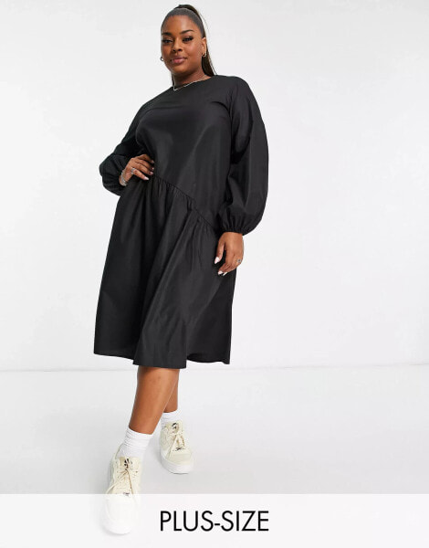 Lola May Plus oversized smock dress with asymmetric seam detail in black