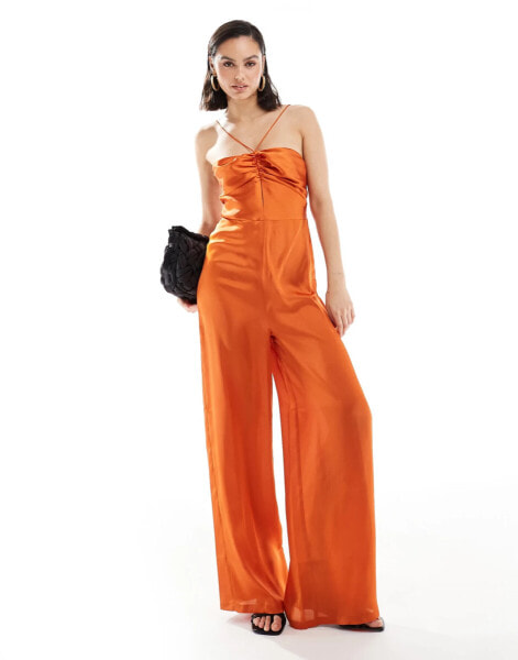 ASOS DESIGN halter tie ruched front straight leg satin jumpsuit in rust