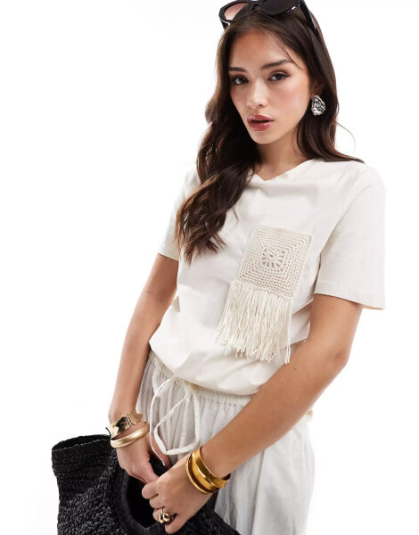 Mango crochet tassle square t-shirt in white