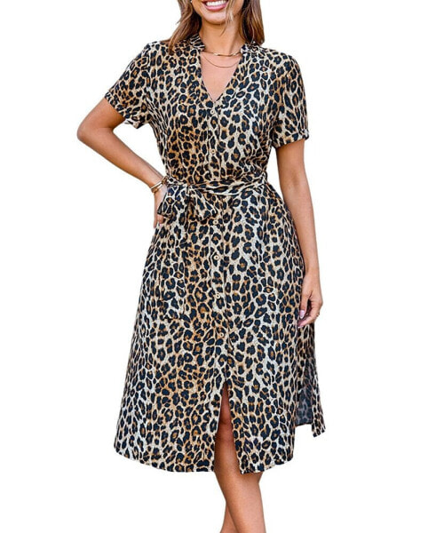 Women's Leopard Short Sleeve Button Up Midi Beach Dress