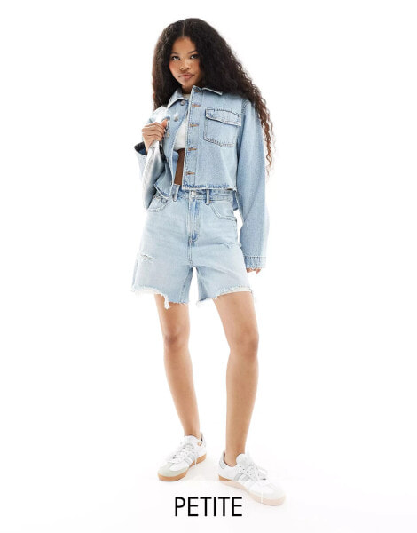 Stradivarius Petite denim dad short with rips in light blue