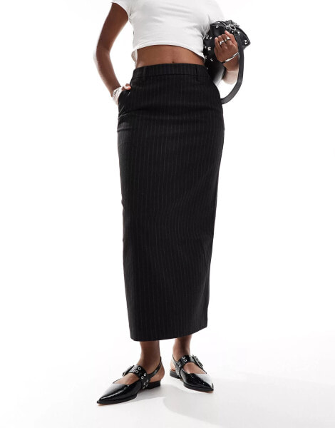 Object tailored ankle length skirt in black pinstripe