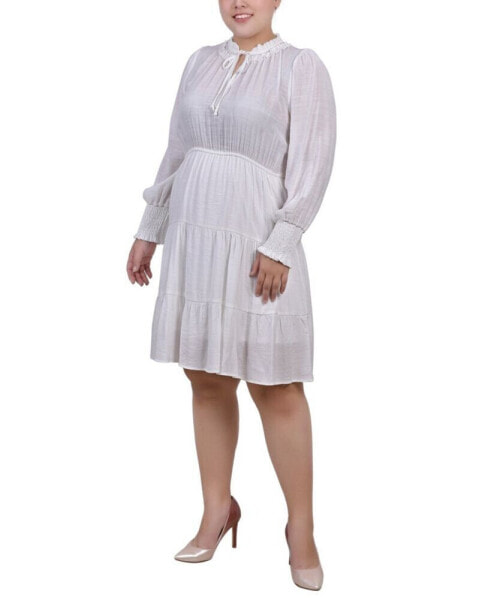 Plus Size Long Sleeve Tiered Dress with Ruffled Neck