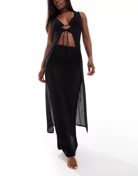 Kaiia crochet knit tie front maxi top co-ord in black