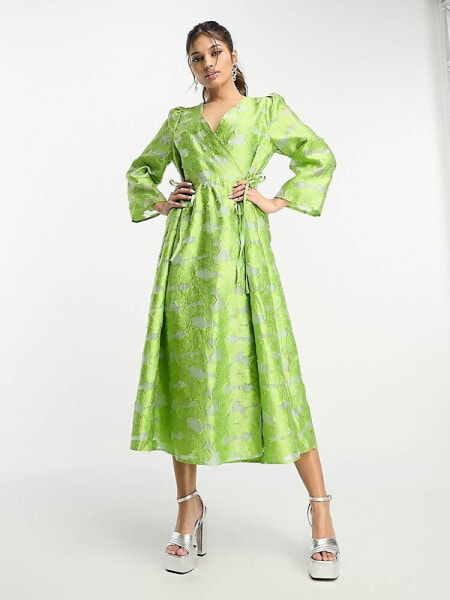 Y.A.S jacquard wrap midi dress in green