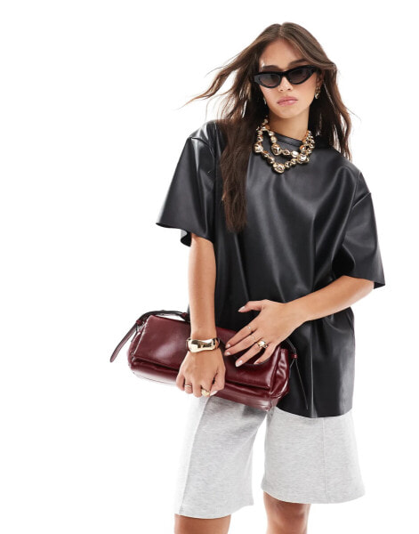 ASOS DESIGN PU oversized t-shirt in black