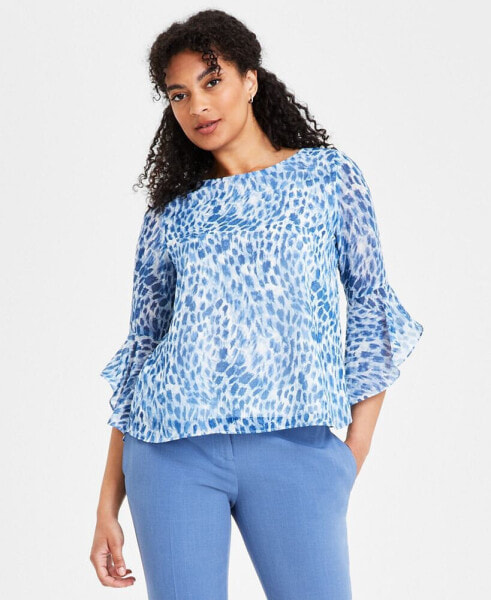 Petite Printed 3/4-Ruffle Sleeve Blouse