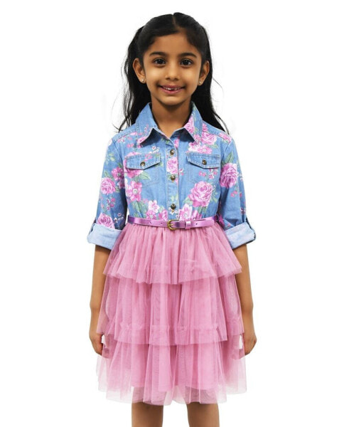 Toddler & Little Girls Floral-Print Denim Tutu Dress