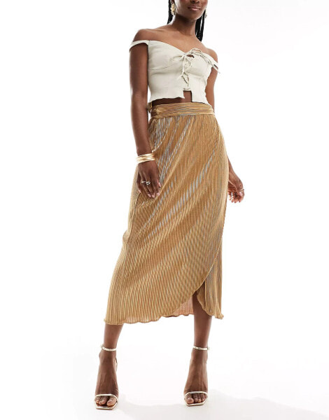 Never Fully Dressed Jaspre plisse midi skirt in gold