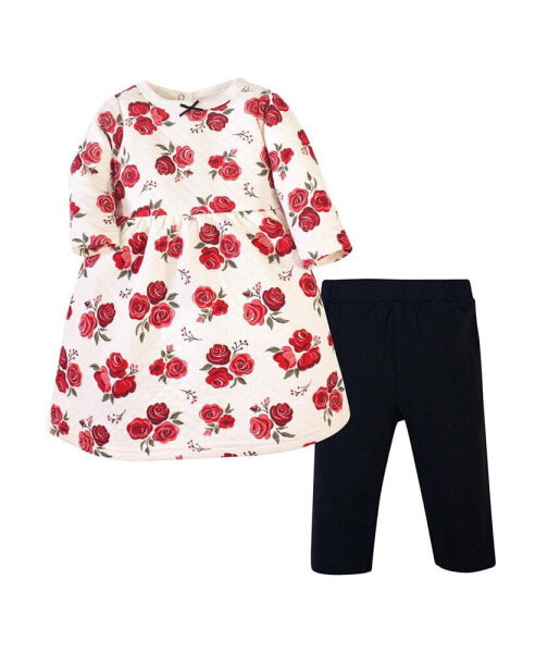 Baby Girls Quilted Cotton Long-Sleeve Dress and Leggings 2pc Set, Red Rose