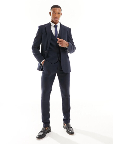 ASOS DESIGN skinny fit wool mix suit jacket in navy wide herringbone