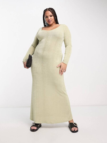 ASOS DESIGN Curve v neck long sleeve maxi dress in sage 