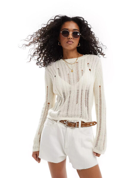 Vero Moda ribbed laddered jumper in cream