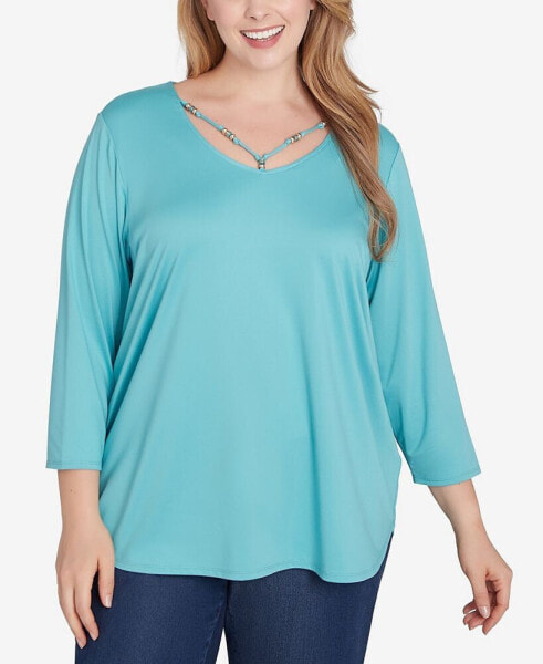 Plus Size V-Neck Solid Knit Top with Bead Detail