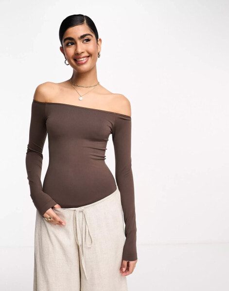 ASOS DESIGN seamless off shoulder long sleeve bodysuit in Chocolate