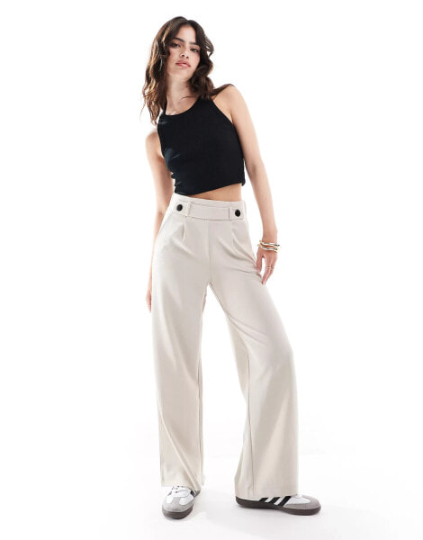 JDY button detail wide leg dad trousers in stone