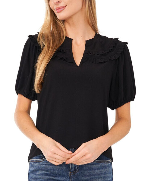 Women's Solid Ruffled Yoke Split Neck Knit Top