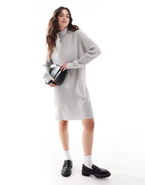 Threadbare roll neck ribbed mini jumper dress in grey