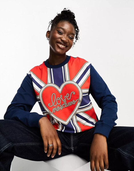 Love Moschino union jack print sweatshirt with logo in blue