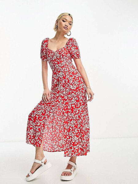 & Other Stories puff sleeve midi dress in red floral