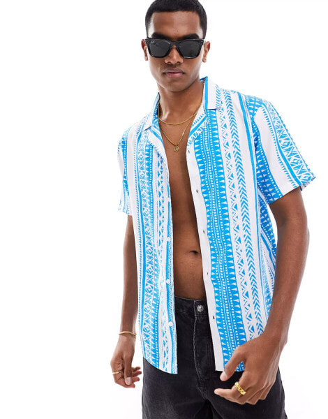 Another Influence short sleeve printed revere collar shirt in blue