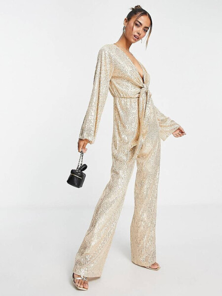 Style Cheat tie front sequin jumpsuit in gold